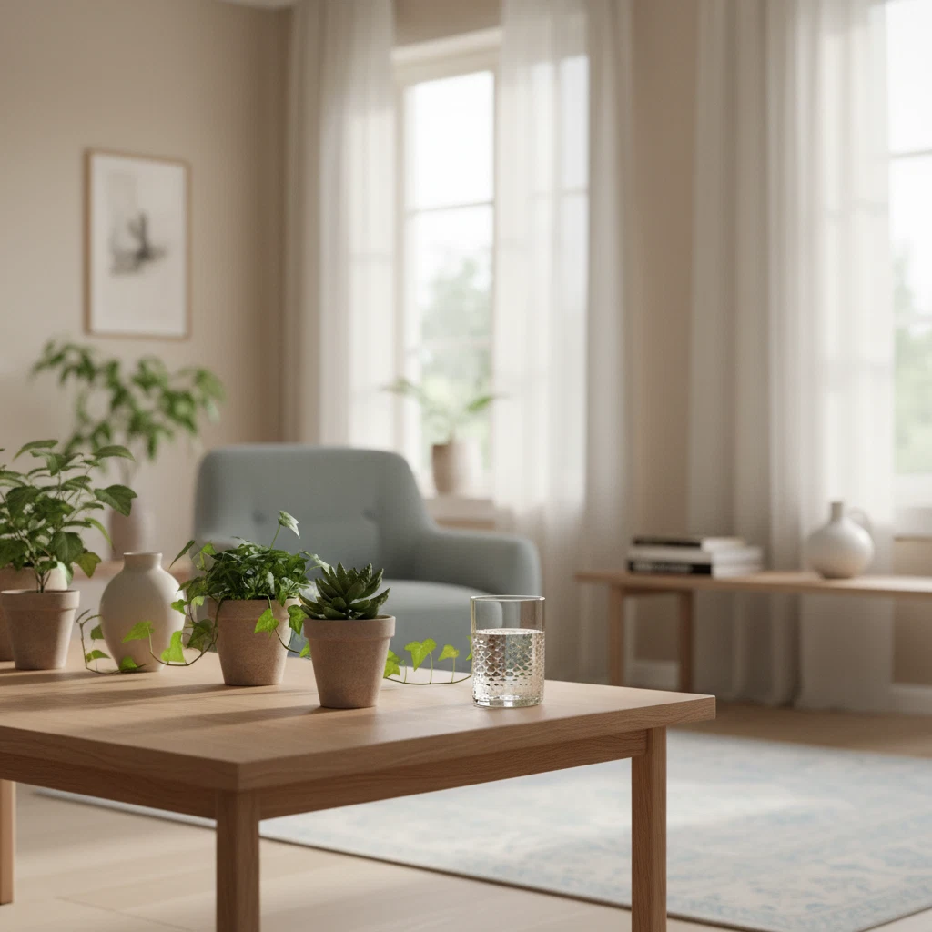 Skandinavisk morgonstämning med trämöbler och gröna växter