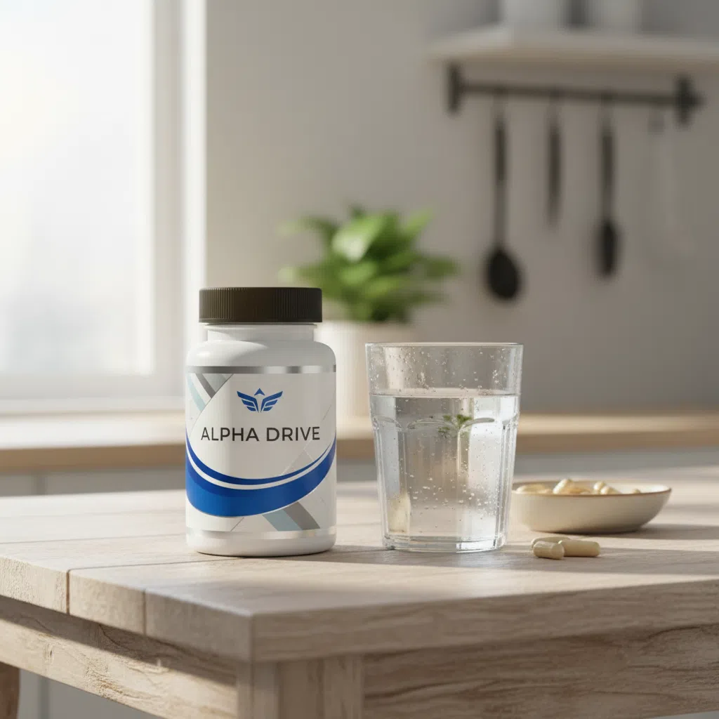 Alpha Drive burk med naturliga ingredienser som zink, selen och magnesium på träyta
